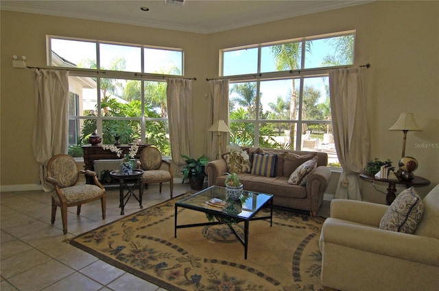 living room with crown molding and light tile patterned flooring