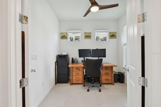 tiled home office with ceiling fan