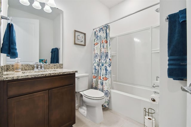 full bathroom with vanity, shower / tub combo, toilet, and tile patterned flooring