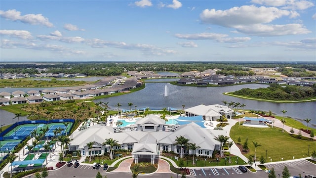 drone / aerial view with a water view