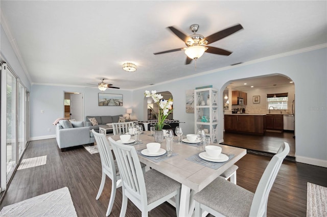 dining area featuring crown molding, sink, dark wood-type flooring, and ceiling fan