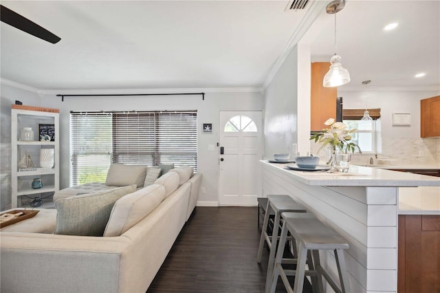 living room with crown molding, a healthy amount of sunlight, and dark hardwood / wood-style floors