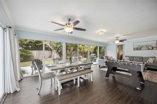 interior space with ceiling fan, a wealth of natural light, and dark hardwood / wood-style floors