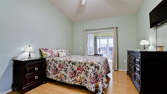 bedroom with ceiling fan, light wood finished floors, and access to outside