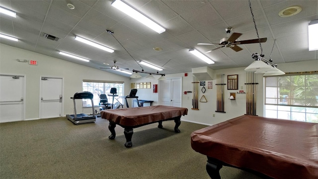 recreation room featuring carpet, vaulted ceiling, pool table, and ceiling fan