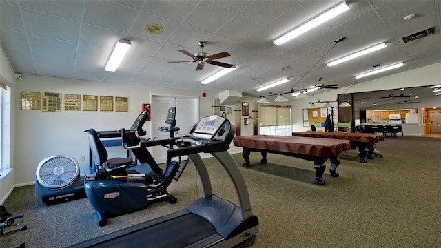 exercise room with a drop ceiling, pool table, ceiling fan, baseboards, and visible vents