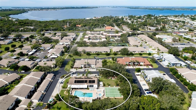 aerial view featuring a residential view and a water view