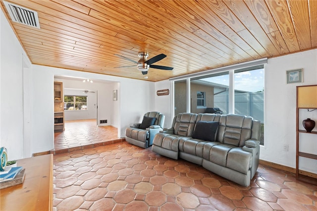 living area featuring ornamental molding, visible vents, a ceiling fan, and wood ceiling