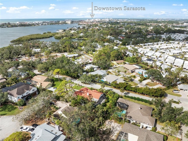 bird's eye view featuring a water view and a residential view