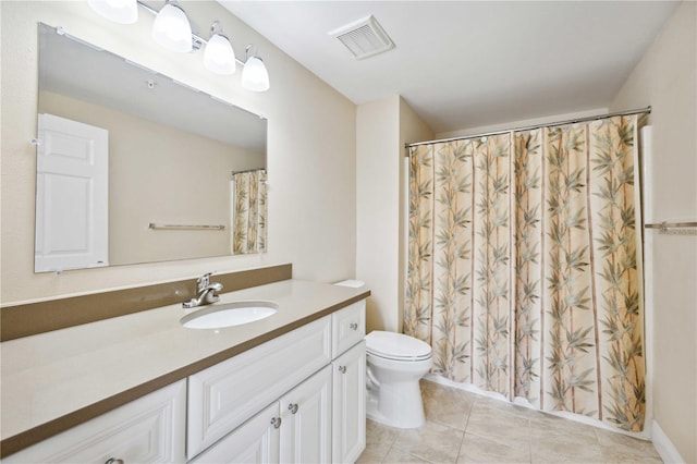 full bathroom with visible vents, toilet, a shower with curtain, tile patterned flooring, and vanity