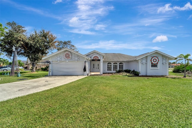 ranch-style house featuring a front yard and a garage