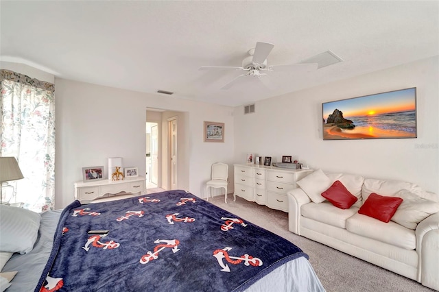 carpeted bedroom featuring ceiling fan