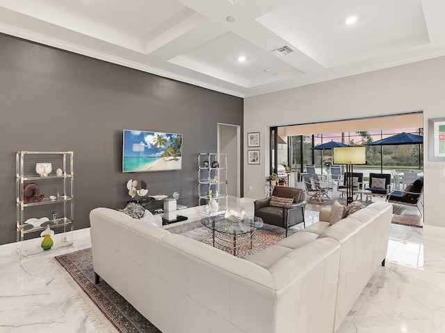 living room with beam ceiling and coffered ceiling