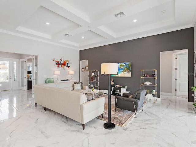 living room featuring a towering ceiling, beamed ceiling, coffered ceiling, and ornamental molding