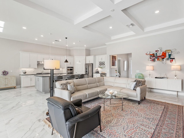 living room featuring beamed ceiling, ornamental molding, and coffered ceiling