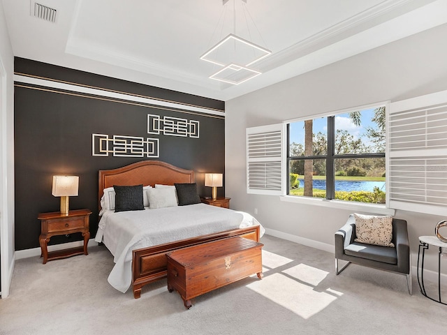 carpeted bedroom featuring a tray ceiling and a water view