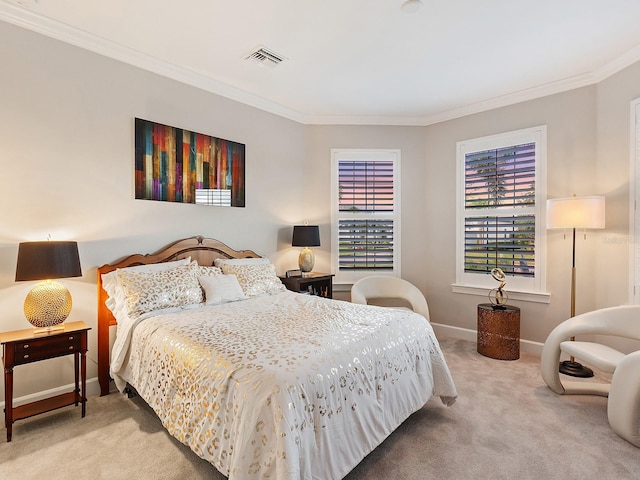 bedroom with light colored carpet and ornamental molding