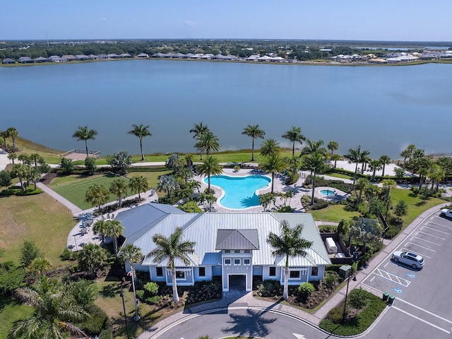 drone / aerial view featuring a water view