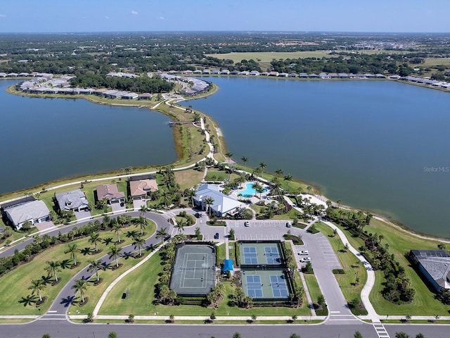 drone / aerial view featuring a water view