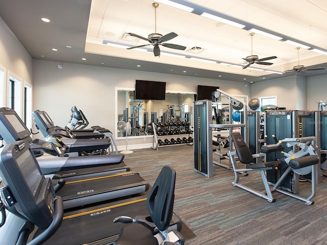 exercise room with carpet, a tray ceiling, and ceiling fan