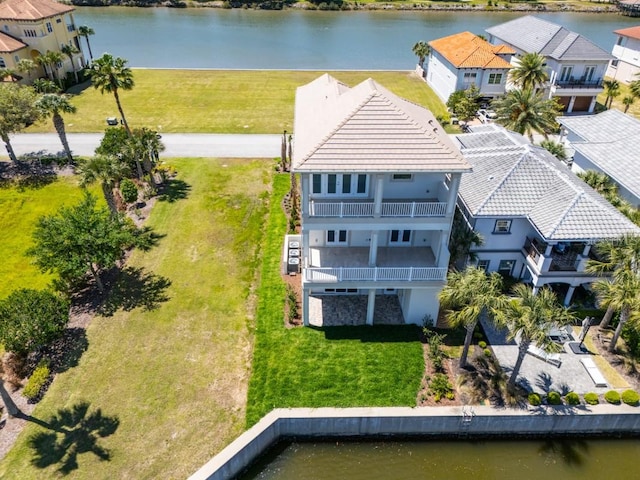 aerial view featuring a water view