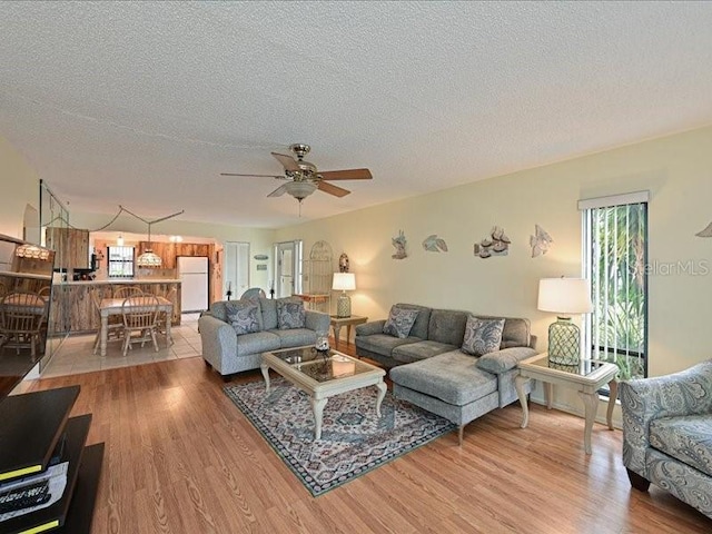 living room with light hardwood / wood-style floors, a textured ceiling, and a wealth of natural light