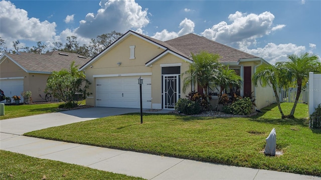 ranch-style home featuring a front yard and a garage