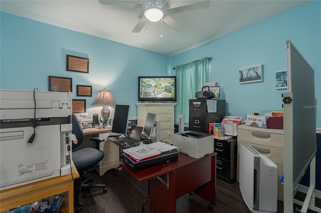 office space with ceiling fan and dark hardwood / wood-style flooring