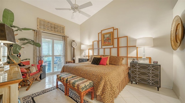 bedroom featuring ceiling fan, high vaulted ceiling, access to outside, and light tile patterned flooring