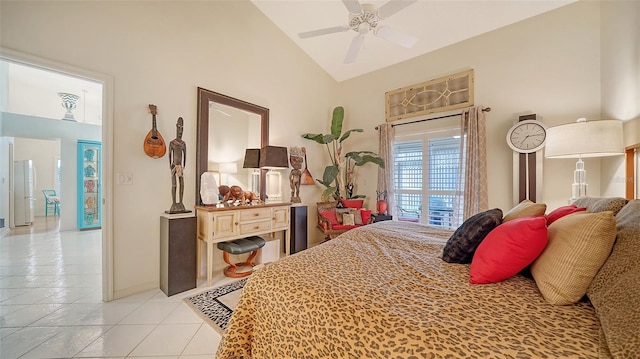 bedroom with ceiling fan, high vaulted ceiling, and light tile patterned flooring