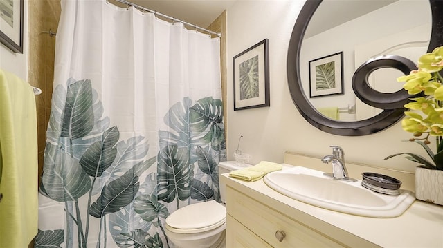 bathroom with vanity, toilet, and a shower with shower curtain