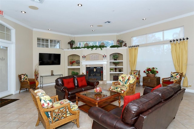 living room with crown molding, light tile patterned floors, and plenty of natural light