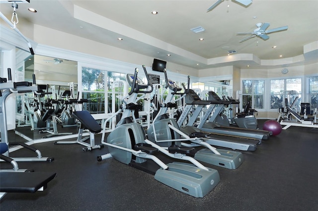 gym with ceiling fan, a tray ceiling, and a wealth of natural light