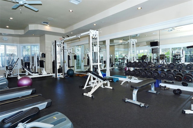 gym featuring ceiling fan