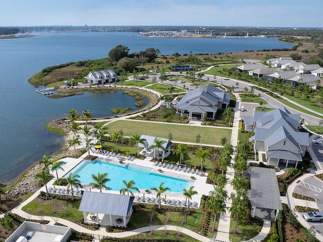 drone / aerial view with a water view