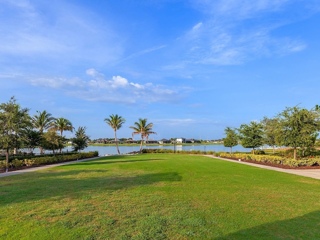 view of community featuring a yard and a water view