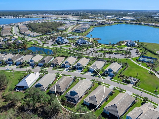 aerial view featuring a water view