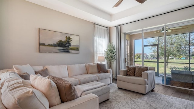 living room featuring ceiling fan