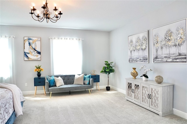 carpeted bedroom with a notable chandelier and multiple windows