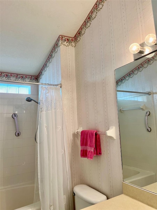 bathroom with toilet and shower / bathtub combination with curtain