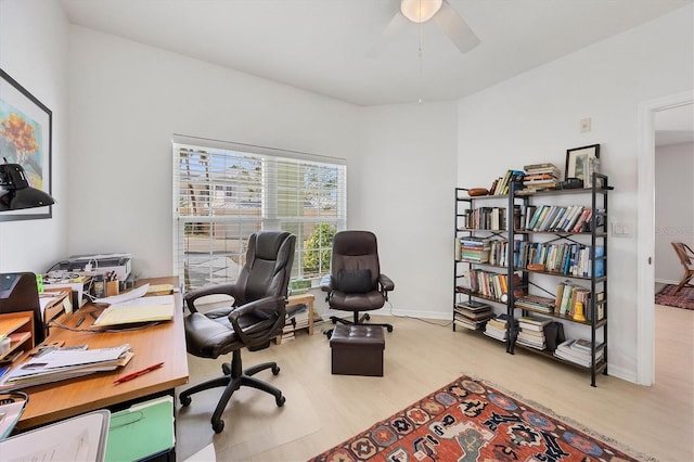 office area featuring ceiling fan and light hardwood / wood-style flooring