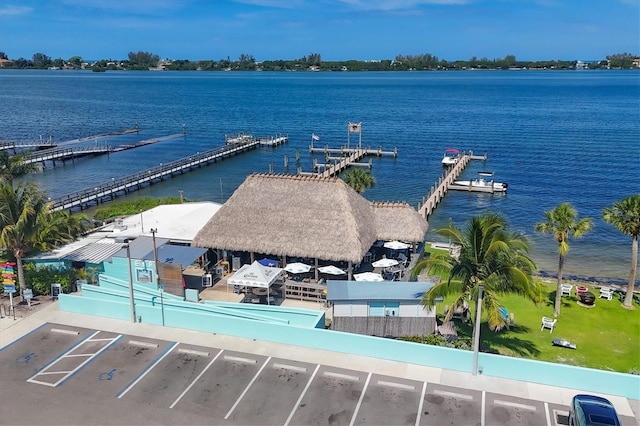 drone / aerial view featuring a water view