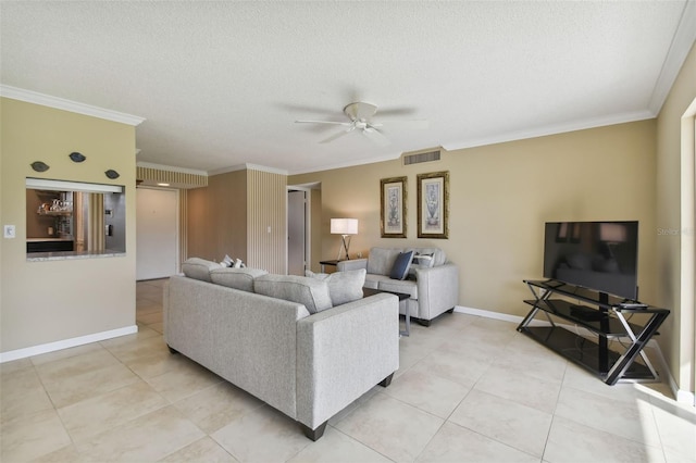 living room with a textured ceiling, ceiling fan, crown molding, and light tile patterned flooring