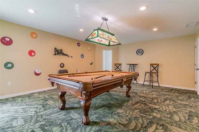 rec room with pool table and carpet