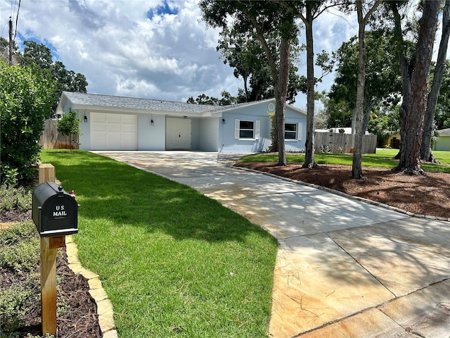 single story home with a garage and a front lawn