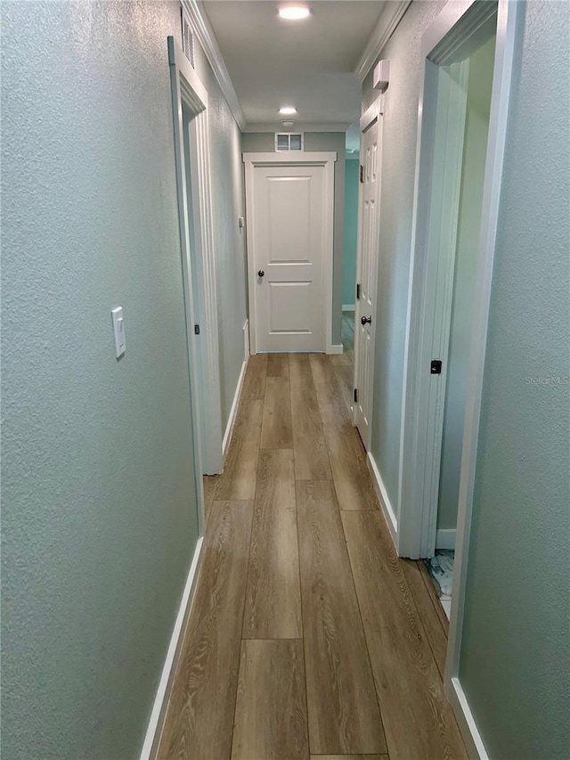 hallway featuring light hardwood / wood-style floors and crown molding