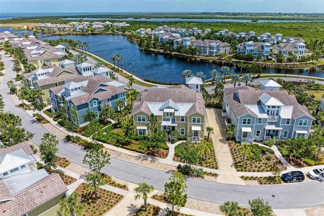 drone / aerial view featuring a water view