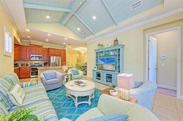 living room featuring crown molding, light tile patterned flooring, and lofted ceiling with beams