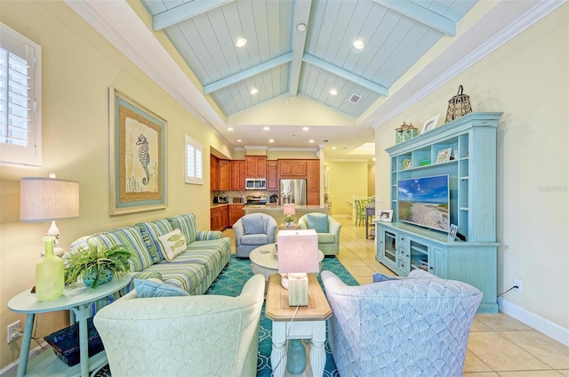 living room with crown molding, lofted ceiling with beams, wood ceiling, and light tile patterned floors