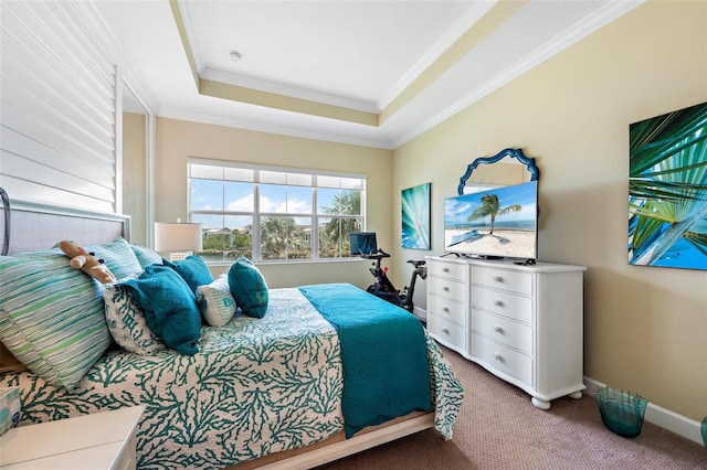 carpeted bedroom featuring crown molding and a raised ceiling